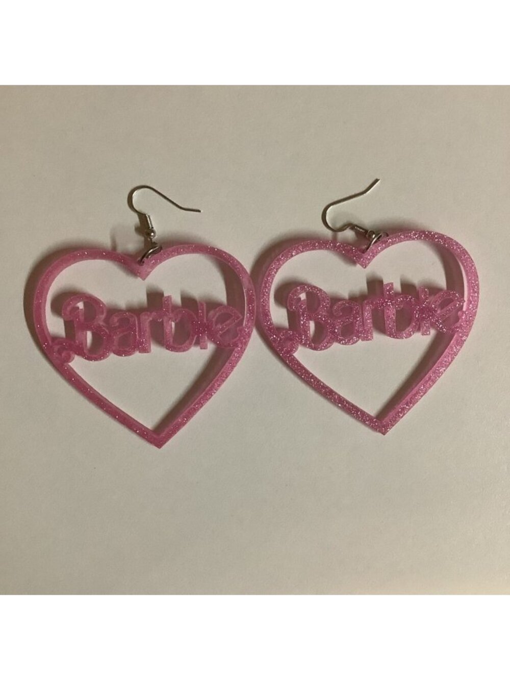 Barbie Earrings Hearts With Glitter, Hanging “Barbie” Heart Shape. New
